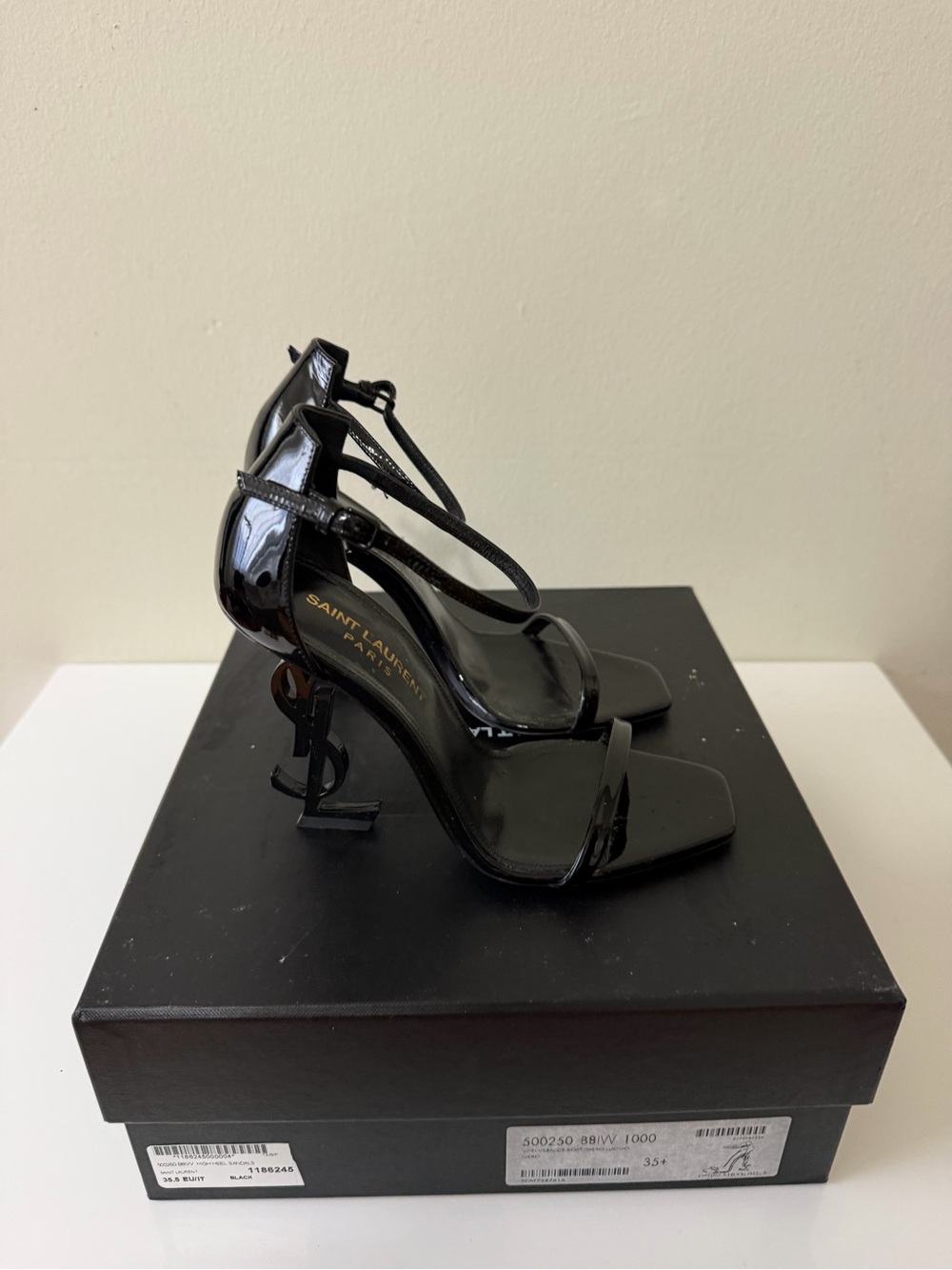Saint Laurent Black Patent YSL Sculptural Heel Sandals - Picture 4 of 10